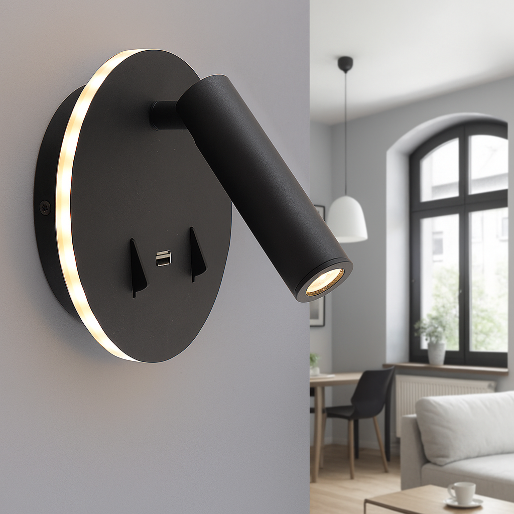 Aplique negro moderno, Alec, 9W, 3000K LED, con interruptor