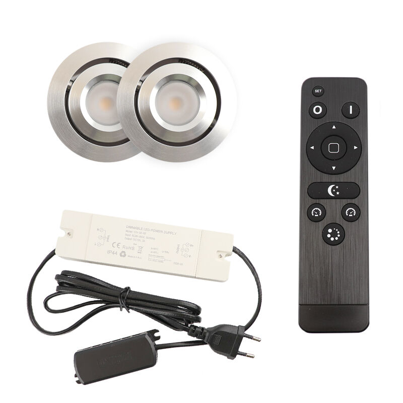 2 focos empotrables orientables para porche Rona, IP44, con set de conexión y mando a distancia, cromo