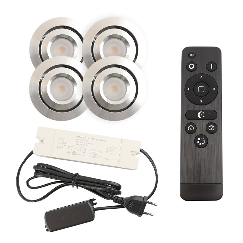 4 focos empotrables orientables para porche Rona, IP44, con set de conexión y mando a distancia, cromo