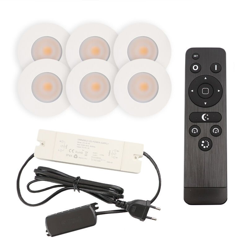 6 focos empotrables blancos para porche Dico, IP65, con set de conexión y mando a distancia