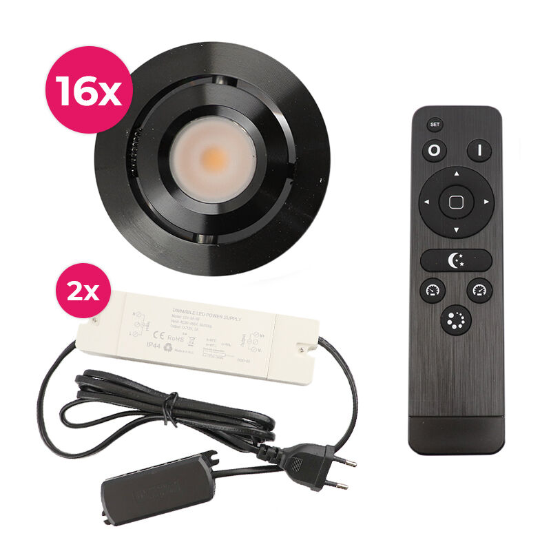16 focos empotrables orientables para porche Rona, IP44, con set de conexión y mando a distancia, negro