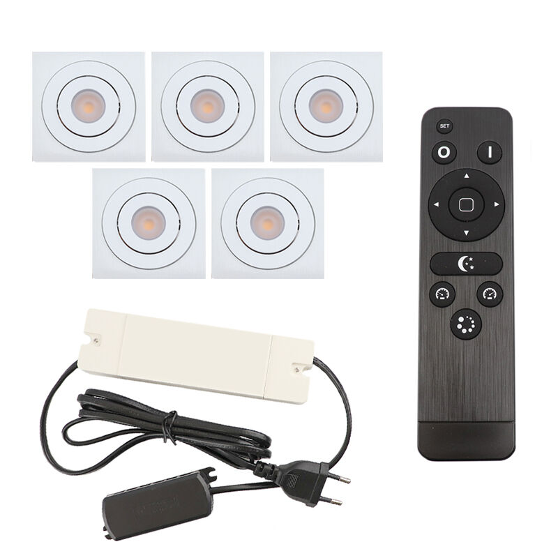 5 focos empotrables orientables para porche Rona cuadrado, IP44, con set de conexión y mando a distancia, blanco