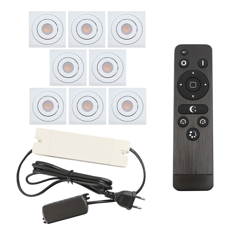 8 focos empotrables orientables para porche Rona cuadrado, IP44, con set de conexión y mando a distancia, blanco
