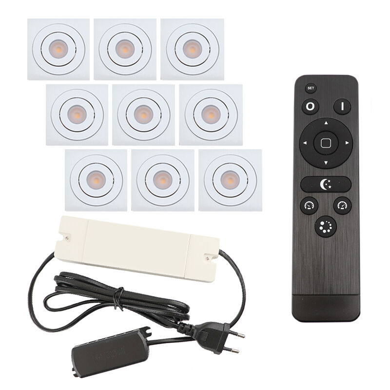 9 focos empotrables orientables para porche Rona cuadrado, IP44, con set de conexión y mando a distancia, blanco