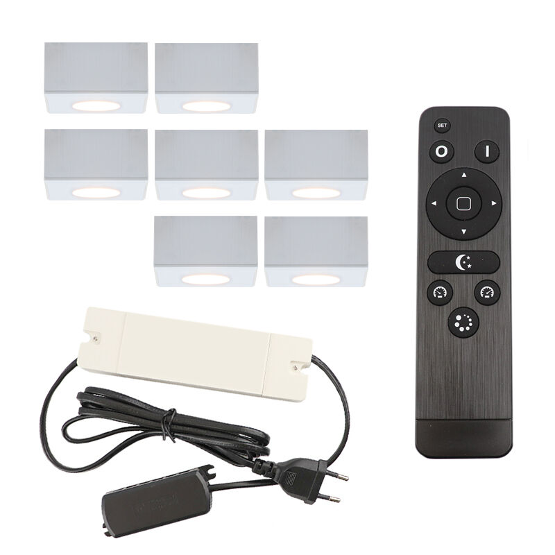 7 apliques de techo cuadrados blancos para porche Fredo, IP44, con set de conexión y mando a distancia