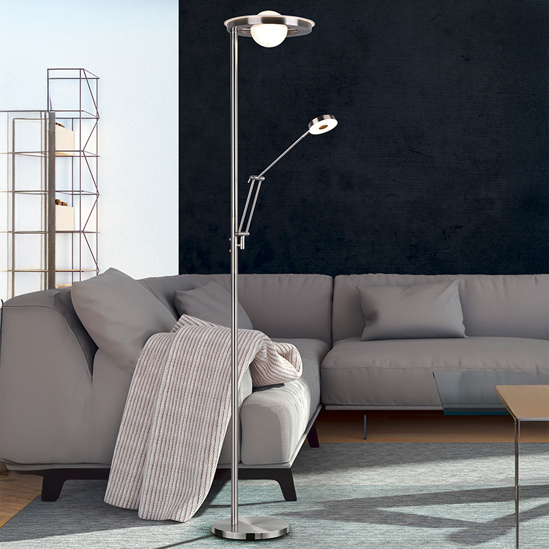 Lámpara de pie de lectura moderna níquel, Yazid, 32W, color de luz ajustable LED, con regulador táctil