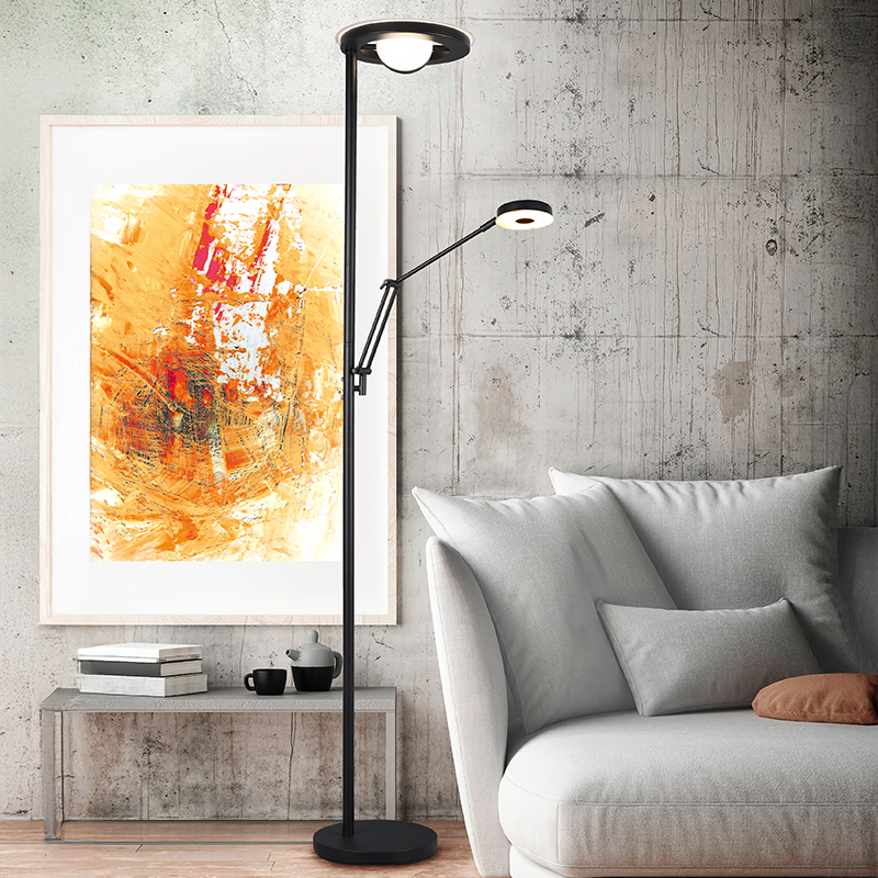 Lámpara de pie de lectura moderna negra, Yazid, 32W, color de luz ajustable LED, con regulador táctil