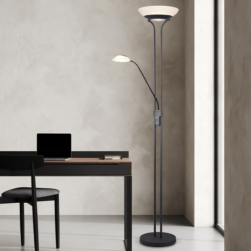 Lámpara de pie de lectura moderna negra, Fredrika, 27W, 3000K LED, con regulador táctil