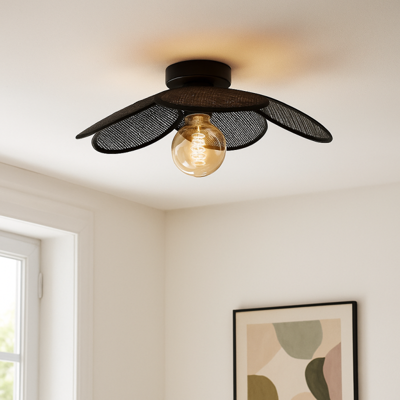 Lámpara de techo de ratán negra, Rowen