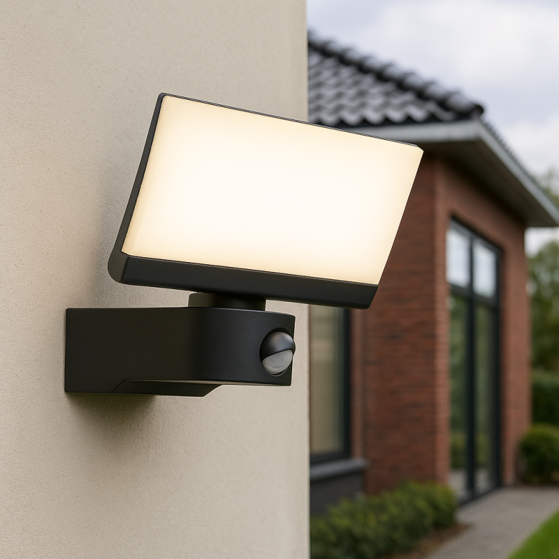 Aplique exterior con sensor de movimiento negro moderno, Leonie, 24W, 3000K LED, IP54