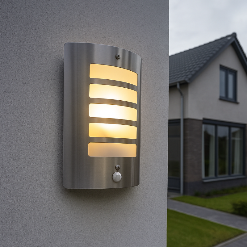 Aplique exterior con sensor de movimiento plateado moderno, Manuel, IP44 Aplique exterior con sensor de movimiento plateado moderno, Manuel, IP44