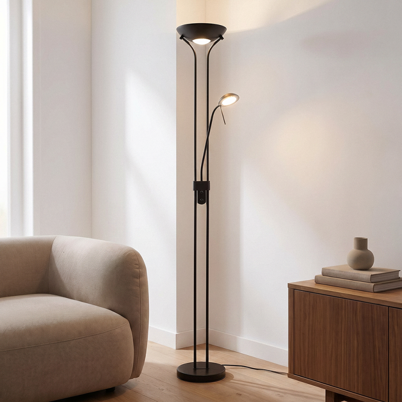 Lámpara de pie de lectura negra moderna, Salvador, 18W, 3000K LED, con interruptor Lámpara de pie de lectura negra moderna, Salvador, 18W, 3000K LED, con interruptor