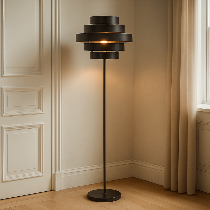 Lámpara de pie negra rústica, Jana, con interruptor