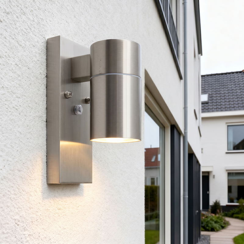 Aplique exterior con sensor crepuscular plateado moderno, Pedro, IP44