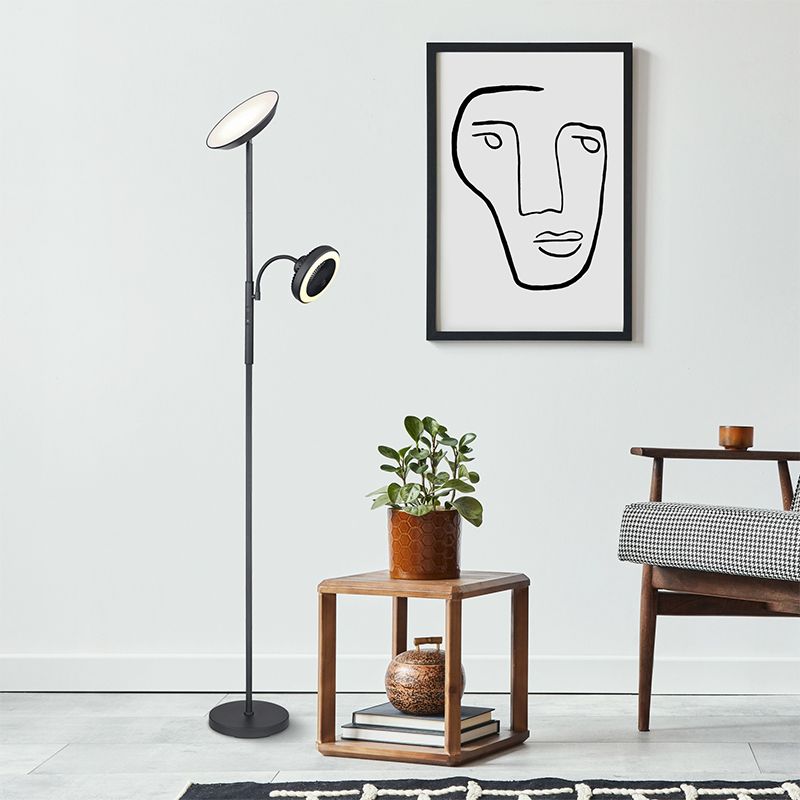 Lámpara de pie negra con ventilador, Raimond, 20W, ajustable entre luz blanco cálido y frío LED, con regulador táctil