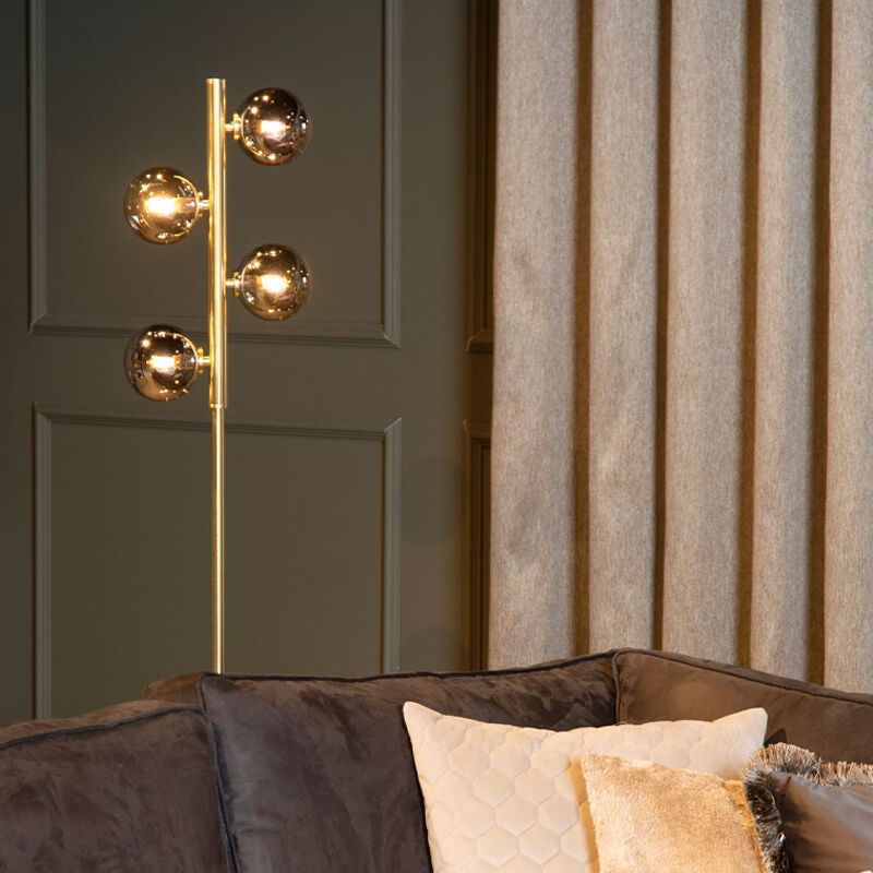 Lámpara de pie retro dorada, Tycho, con interruptor Lámpara de pie retro dorada, Tycho, con interruptor