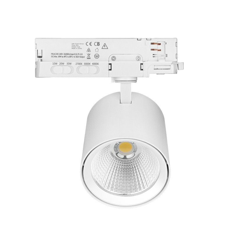 Foco LED blanco trifásico para sistema de carril, de aluminio, marca Jeska, 10W/20W/30W, con interruptor blanco.