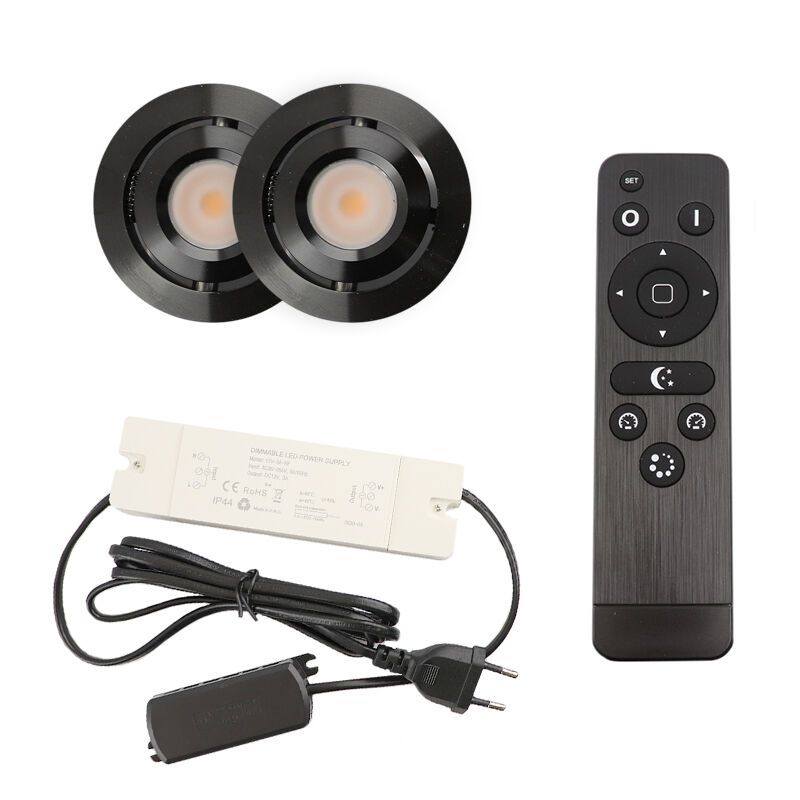 2 focos empotrables orientables para porche Rona, IP44, con set de conexión y mando a distancia, negro