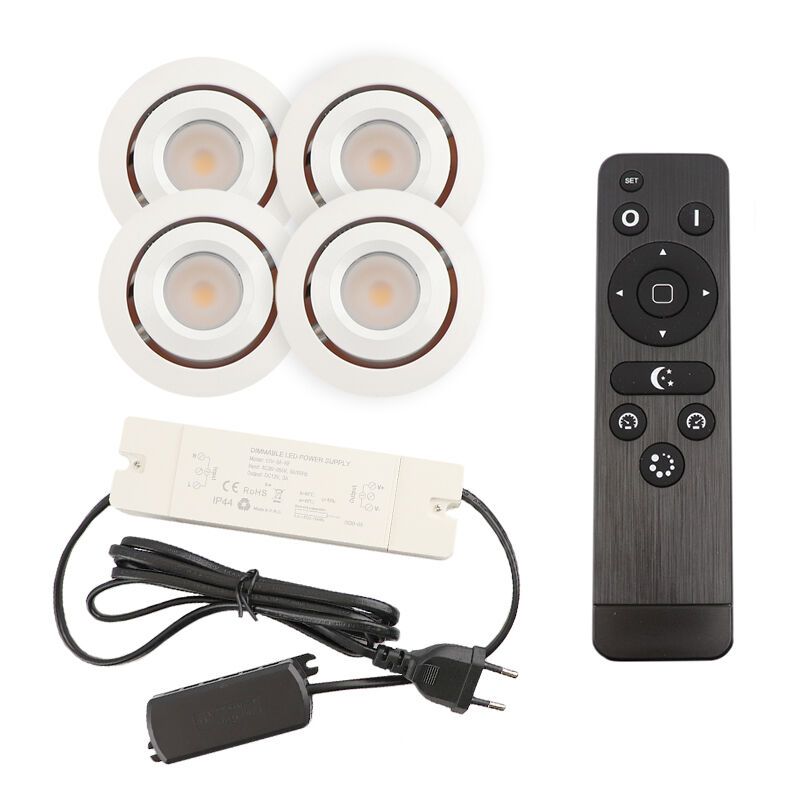 4 focos empotrables orientables para porche Rona, IP44, con set de conexión y mando a distancia, blanco