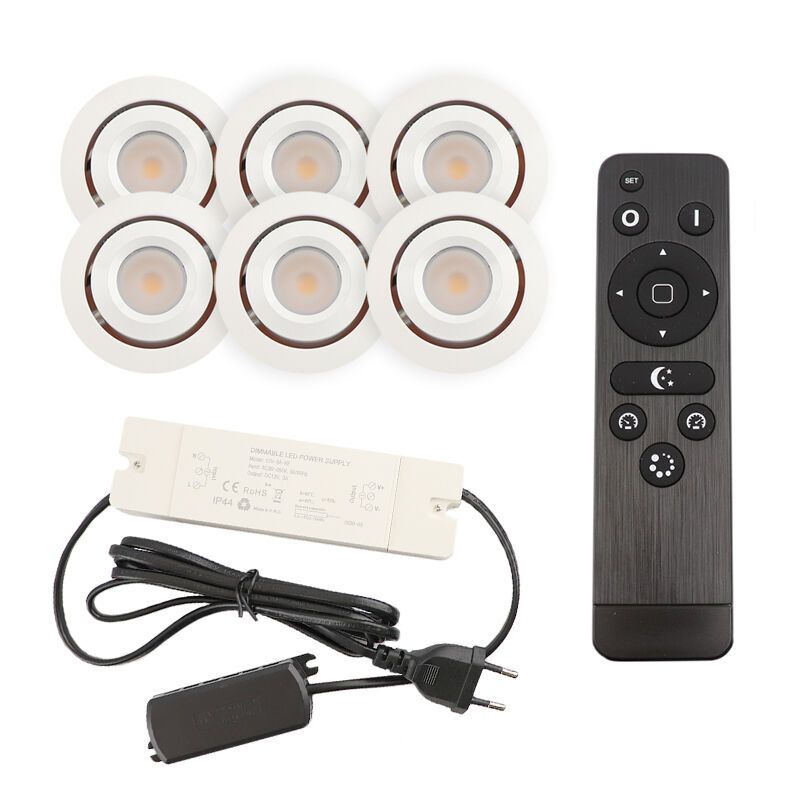 6 focos empotrables orientables para porche Rona, IP44, con set de conexión y mando a distancia, blanco