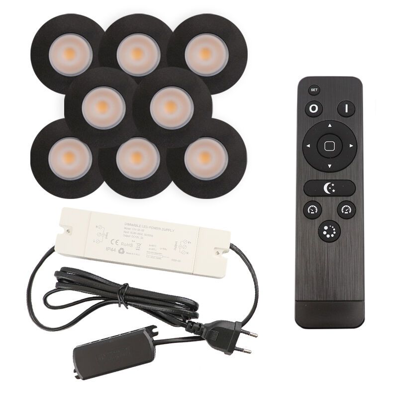 8 focos empotrables negros para porche Dico, IP65, con set de conexión y mando a distancia 8 focos empotrables negros para porche Dico, IP65, con set de conexión y mando a distancia