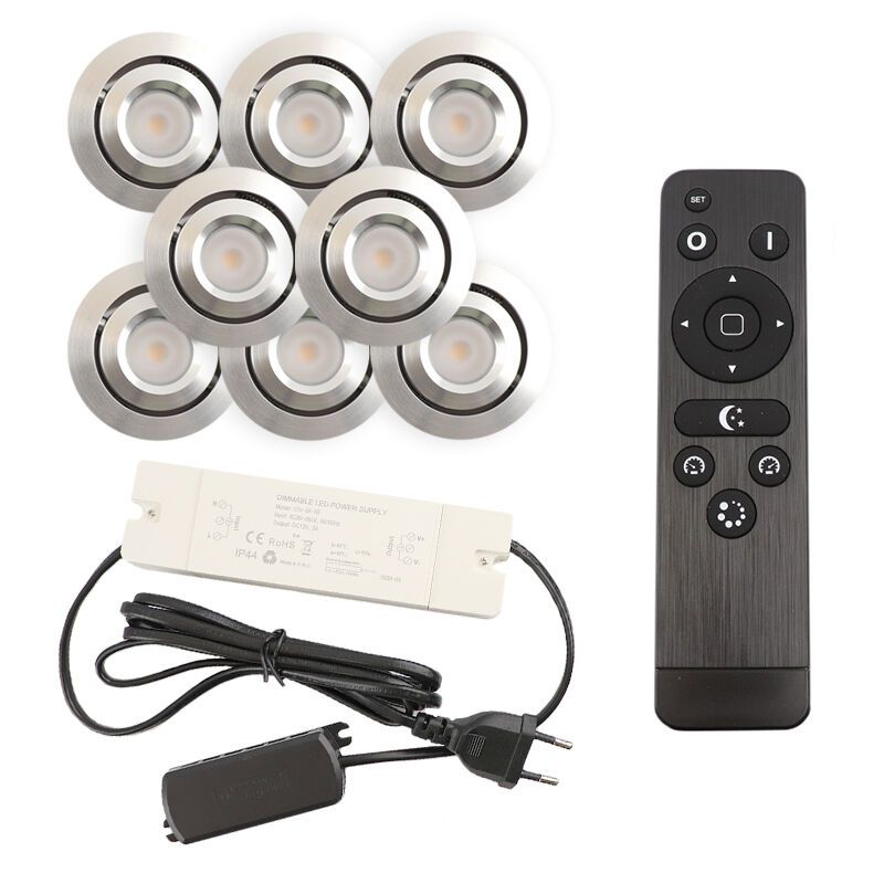 8 focos empotrables orientables para porche Rona, IP44, con set de conexión y mando a distancia, cromo