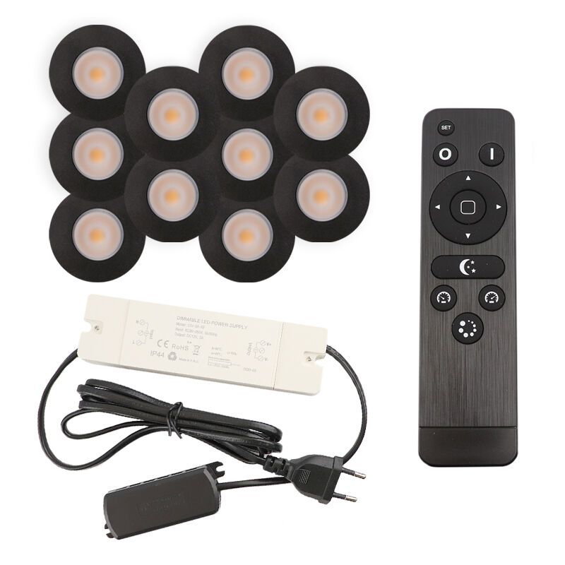 10 focos empotrables negros para porche Dico, IP65, con set de conexión y mando a distancia 10 focos empotrables negros para porche Dico, IP65, con set de conexión y mando a distancia