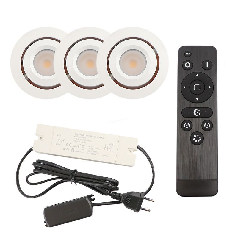 3 focos empotrables orientables para porche Rona, IP44, con set de conexión y mando a distancia, blanco