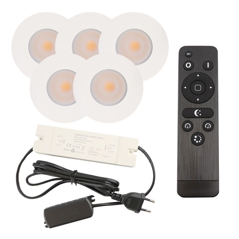 5 focos empotrables blancos para porche Dico, IP65, con set de conexión y mando a distancia 5 focos empotrables blancos para porche Dico, IP65, con set de conexión y mando a distancia
