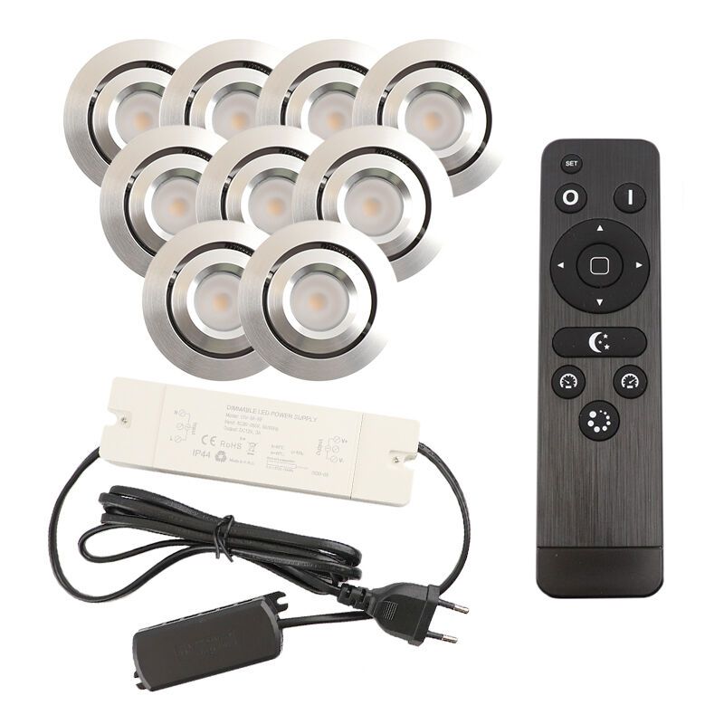 9 focos empotrables orientables para porche Rona, IP44, con set de conexión y mando a distancia, cromo 9 focos empotrables orientables para porche Rona, IP44, con set de conexión y mando a distancia, cromo