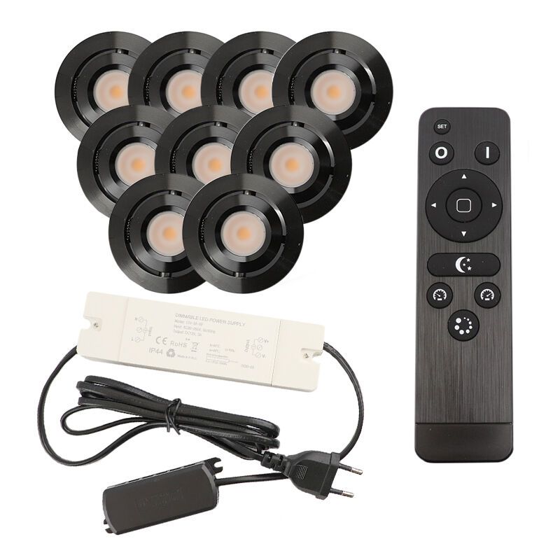 9 focos empotrables orientables para porche Rona, IP44, con set de conexión y mando a distancia, negro