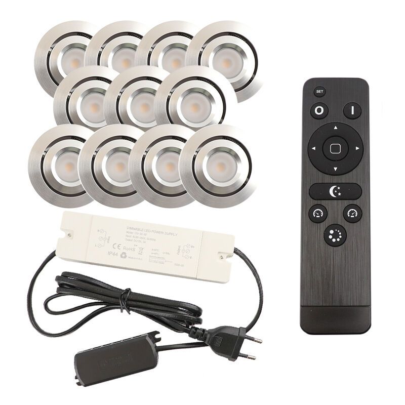 11 focos empotrables orientables para porche Rona, IP44, con set de conexión y mando a distancia, cromo