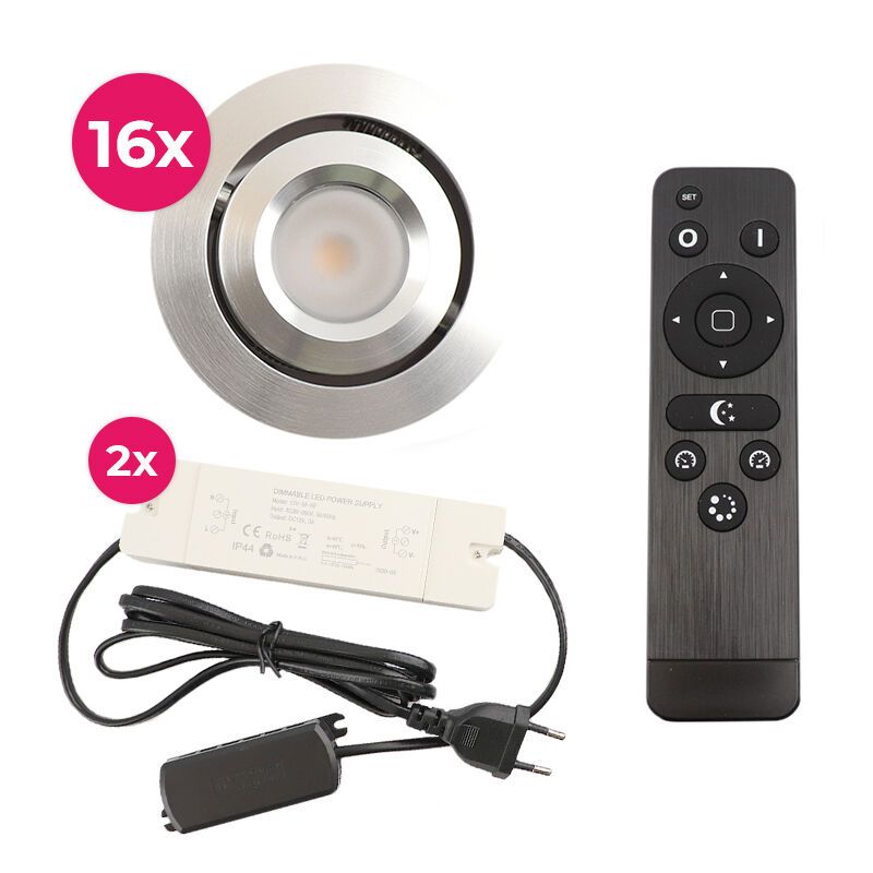 16 focos empotrables orientables para porche Rona, IP44, con set de conexión y mando a distancia, cromo 16 focos empotrables orientables para porche Rona, IP44, con set de conexión y mando a distancia, cromo