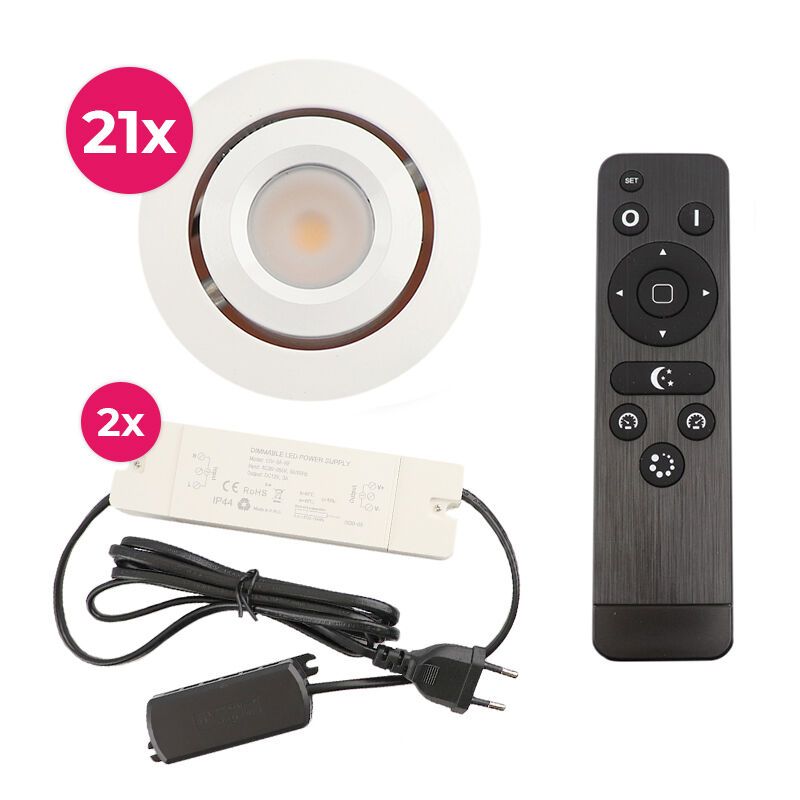 21 focos empotrables orientables para porche Rona, IP44, con set de conexión y mando a distancia, blanco