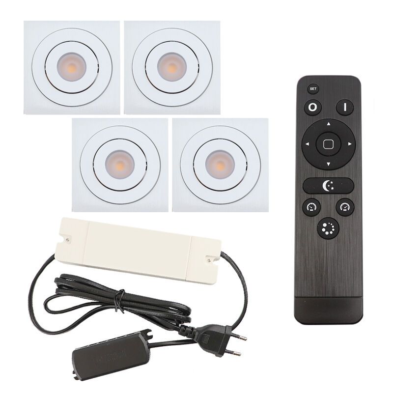4 focos empotrables orientables para porche Rona cuadrado, IP44, con set de conexión y mando a distancia, blanco