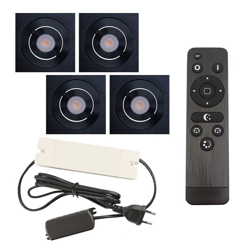4 focos empotrables orientables para porche Rona cuadrado, IP44, con set de conexión y mando a distancia, negro