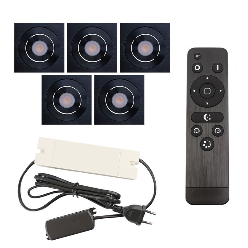 5 focos empotrables orientables para porche Rona cuadrado, IP44, con set de conexión y mando a distancia, negro