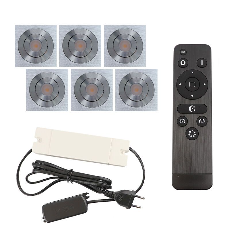 6 focos empotrables orientables para porche Rona cuadrado, IP44, con set de conexión y mando a distancia, cromo