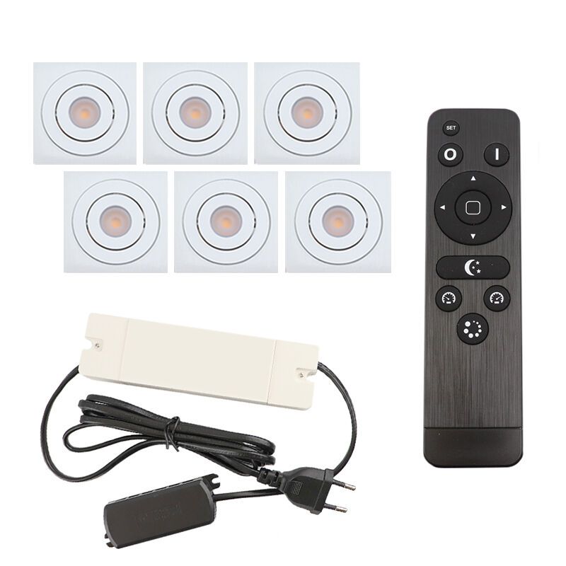 6 focos empotrables orientables para porche Rona cuadrado, IP44, con set de conexión y mando a distancia, blanco 6 focos empotrables orientables para porche Rona cuadrado, IP44, con set de conexión y mando a distancia, blanco