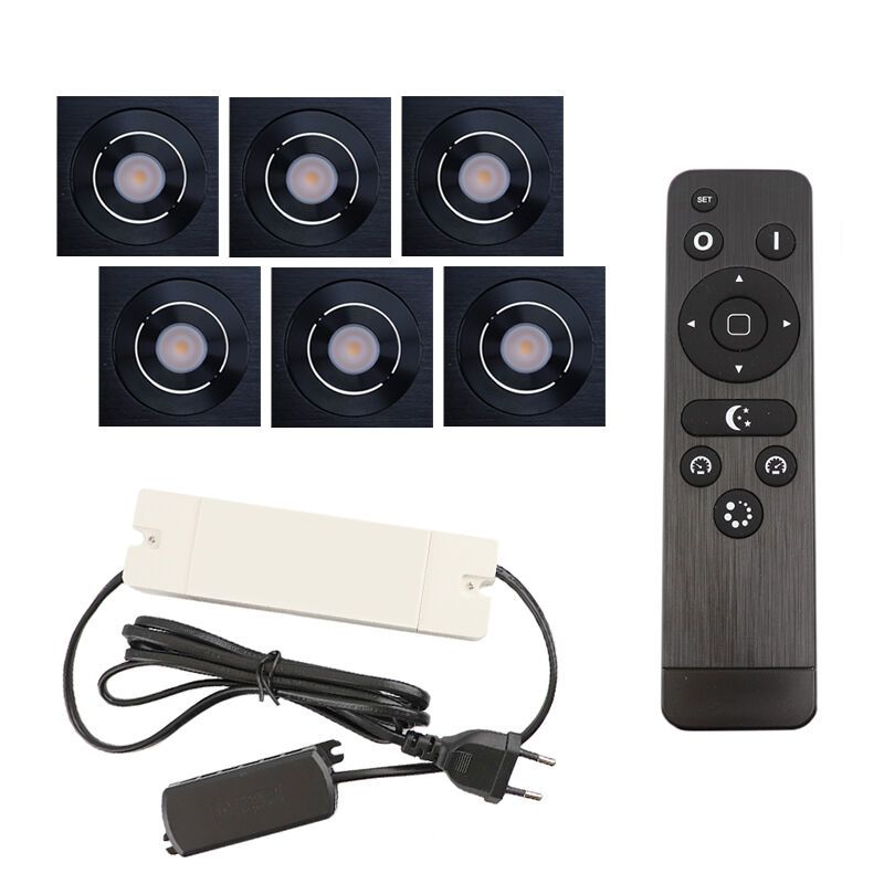 6 focos empotrables orientables para porche Rona cuadrado, IP44, con set de conexión y mando a distancia, negro