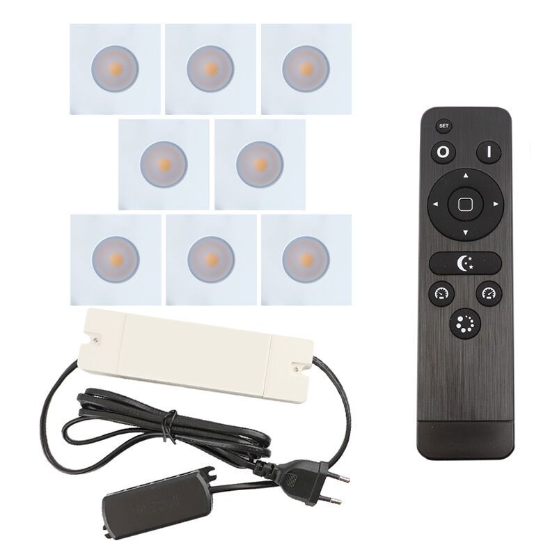 8 focos empotrables cuadrados blancos para porche Dico, IP65, con set de conexión y mando a distancia