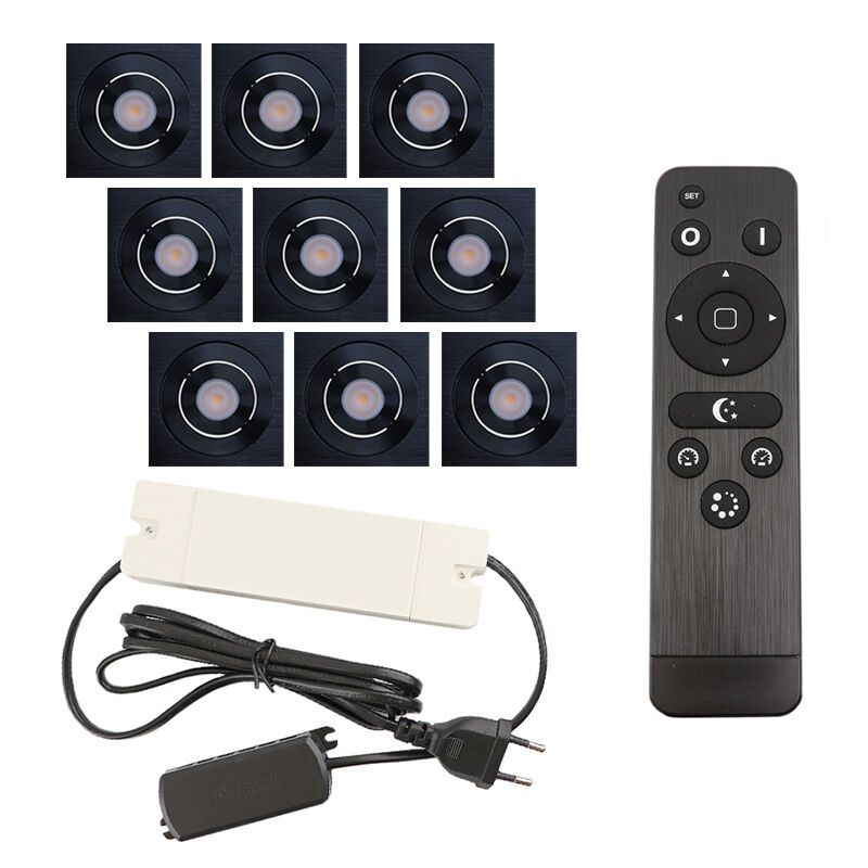 9 focos empotrables orientables para porche Rona cuadrado, IP44, con set de conexión y mando a distancia, negro 9 focos empotrables orientables para porche Rona cuadrado, IP44, con set de conexión y mando a distancia, negro
