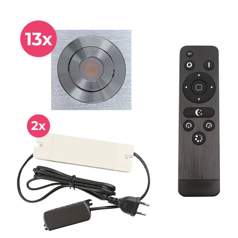 13 focos empotrables orientables para porche Rona cuadrado, IP44, con set de conexión y mando a distancia, cromo