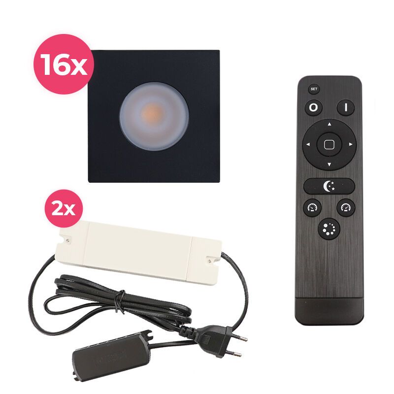 16 focos empotrables cuadrados negros para porche Dico, IP65, con set de conexión y mando a distancia