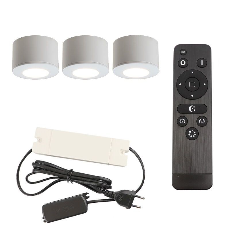 3 apliques de techo redondos blancos para porche Vasso, IP44, con set de conexión y mando a distancia