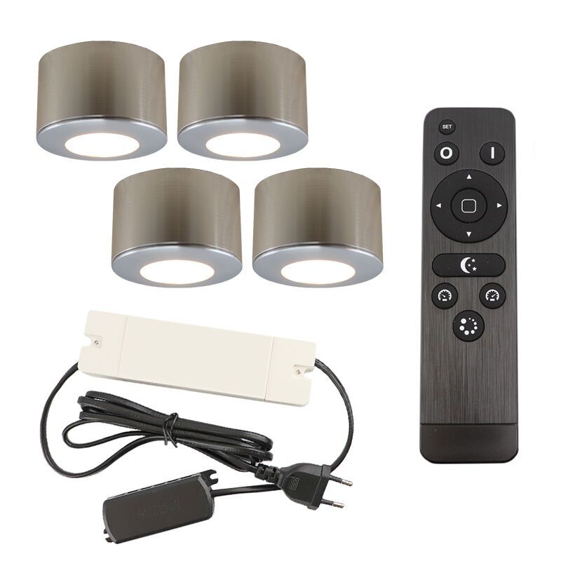 4 apliques de techo redondos cromados para porche Vasso, IP44, con set de conexión y mando a distancia