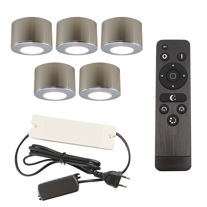 5 apliques de techo redondos cromados para porche Vasso, IP44, con set de conexión y mando a distancia