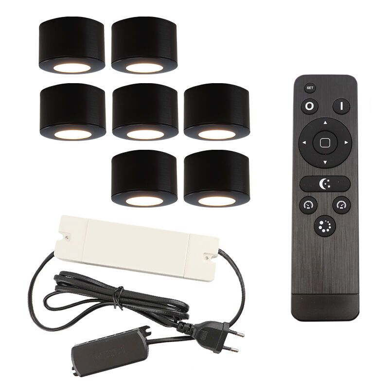 7 apliques de techo redondos negros para porche Vasso, IP44, con set de conexión y mando a distancia