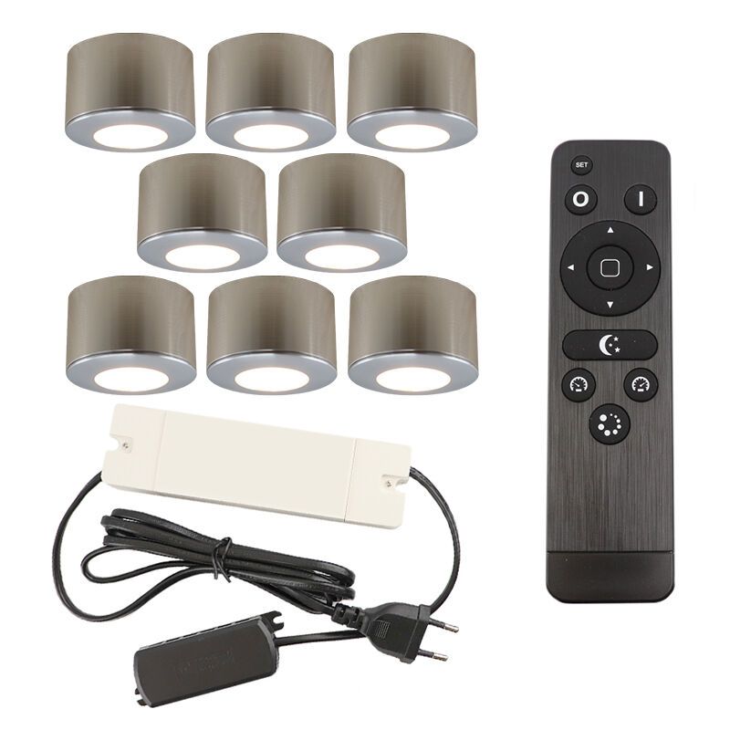 8 apliques de techo redondos cromados para porche Vasso, IP44, con set de conexión y mando a distancia