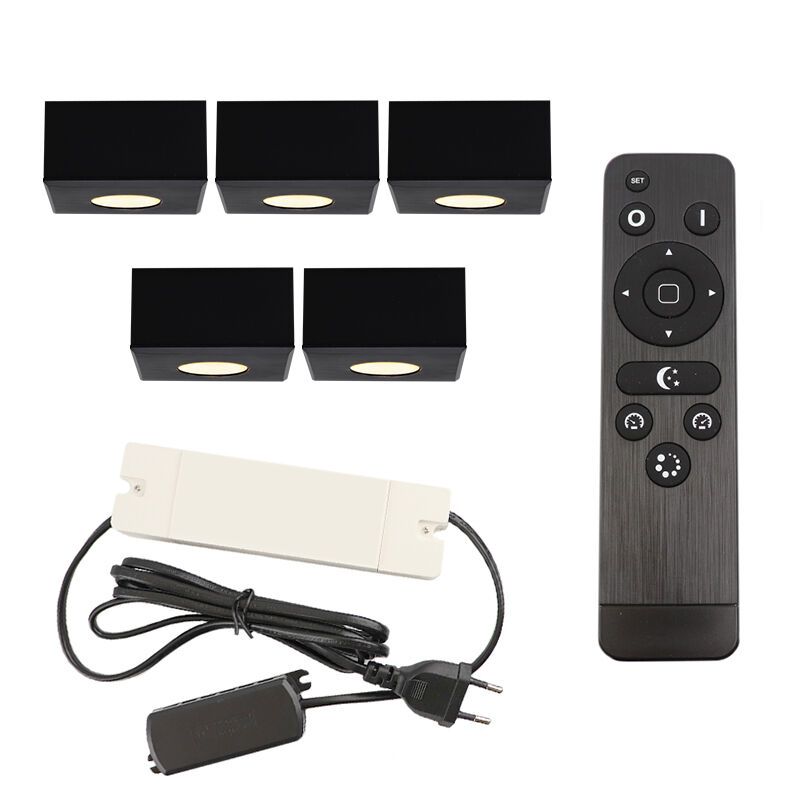 5 apliques de techo cuadrados negros para porche Fredo, IP44, con set de conexión y mando a distancia